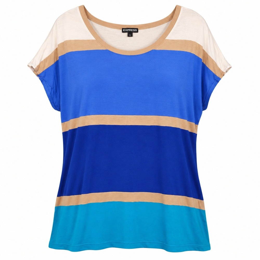 Express Striped Short Sleeve Top Womens L Blue Tan Excellent Coastal Nautical